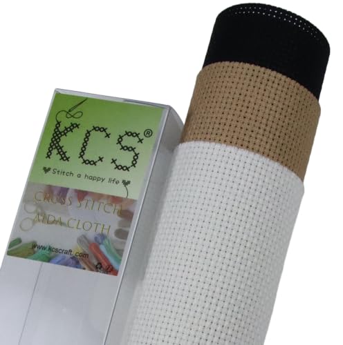 Image of KCS 3 pc of 15 inch x 18 inch(38cmx45cm) 14 Count Cross Stitch Cotton Aida Cloth Needlework Rolled Fabric Box,14CT,Antique White+Khaki+Black