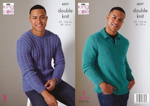 King Cole Mens DK Knitting Pattern Cable Knit Round Neck or Collar Sweater (6037)