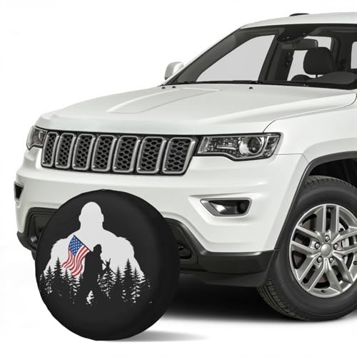 Image of American Flag Spare Tire Cover Bigfoot Hiking Wheel Covers 17 Inch | Black White,Polyester,Protectors Tire Cover,Waterproof,Dust-Proof,Universal,Fit for RV Jeep SUV Motor Travel Camper Tires