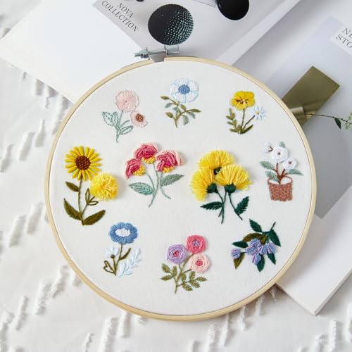 Image of Embroidery Kit for Beginners Adults, Cute Flowers Embroidery Starter Kits, Floral Stamped Cross Stitch Kits for Beginner Adults Craft Kits for Women, Entire Set of Embroidery Supplies & Video Tutorial