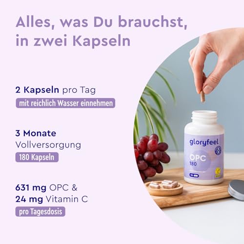 OPC Traubenkernextrakt Kapseln - 1052mg Extrakt PLUS Vitamin C pro Tagesdosis - Original französische Weintrauben - 180 vegane Tabletten - Unabhängig laborgeprüft