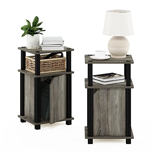 Image of Furinno Brahms 3-Tier End Side Sofa Table /Nighstand with Door, 2-Pack, French Oak /Black