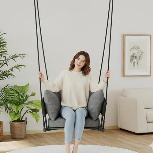 Image of Single Porch Swings Chair with Cushions, Hanging Rope Swing, Hanging Chair for Bedroom, Hammock Chairs Swing Indoor & Outdoor, Macrame Hanging Swinging, Patio, Balcony, Light Grey