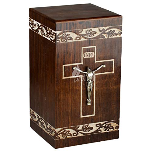 INTAJ Handmade Wooden Urn for Human Ashes - Cross Cremation Urn Premium Handcrafted - Adult Funeral Urn Handmade Human Urn for Ashes (Rosewood Cross, 100 Cu/in)