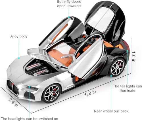 Image of 1:32 Scale Bugatti Atlantic Alloy Pickup Car Toy Metal Pull Back Diecast Car with Openable Door and Sound Light, Gifts Toys for Kids【Black /Silver】