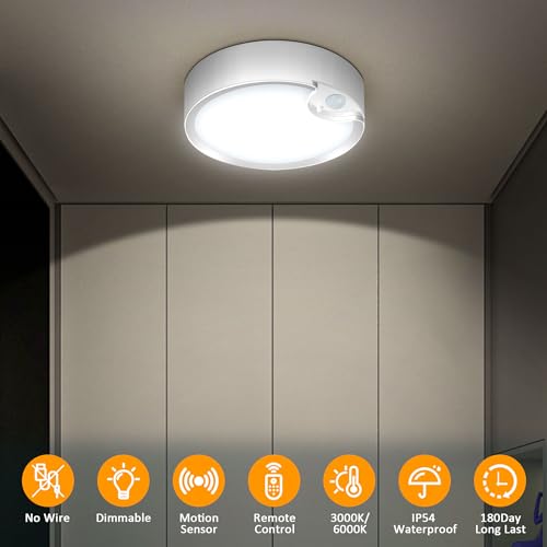 Yurnero Battery Operated Lights Ceiling Light With 400Lm Dimmable 3000K/6000K-Battery Powered Ceiling Light For Shower Closets Corridor Laundry Stairs Garage Porch Bathroom thumb #1