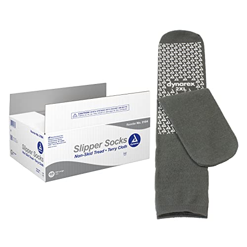 Image of Dynarex Slipper Socks with Grips for Women & Men - Single-Sided Anti-Slip Grippy Socks with Elastic Band - Warm, Fuzzy, Lightweight, No Latex - 48 Pairs per Case (2XL)