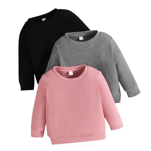 Toddler Baby Girl Boy 3 Packs Sweater Waffle Solid Long Sleeve Round Neck Sweatshirt Kid Fall Winter Clothes