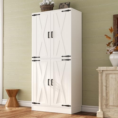 Unikito 71' Tall Kitchen Pantry Storage Cabinet with Farmhouse Barn Doors and Storage Drawer, 4 Adjustable Shelves, Freestanding Cupboard for Dining Room, Living Room, Utility Room, White
