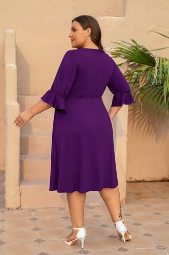 Women's Plus Size Dresses Casual 3/4 Ruffle Sleeve Crew Neck Twist Knot Wrap Slit Hem Dress with 1 Pocket4