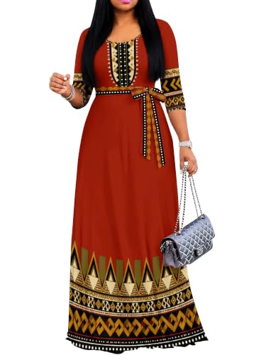 Image of PinkPatty Women's Plus Size Maxi Dresses Casual Flowy 3 /4 Sleeves Dress Printed Vacation Dress for Daily Wear with Belt