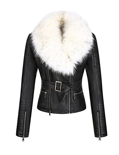 Bellivera Women's Faux Leather Short Jacket, Moto Jacket with Detachable Faux Fur Collar Belt White Medium