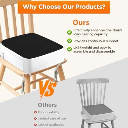 Image of Booster Seat for Kitchen Chair, 3.8 inch Toddler Booster Seats for Dining Table with Ties, PU Dining Booster Seat with Side Pockets, Non-Slip & Removable Booster Seat for Table Increasing Cushion (Black)