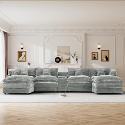 Image of 145 inch Oversized U Shaped Modular Sectional Sofa with Ottoman, Comfy Fluffy Soft Corduroy, Large Cloud Couch with USB Port, Cup Holder and Storage Central Console for Living Room, Light Grey