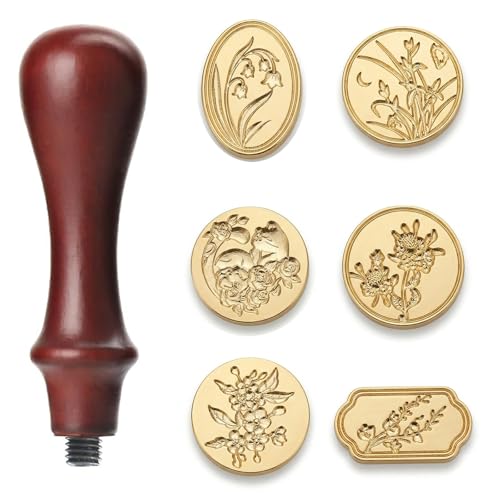 【SET CREATIVO VERSATILE】Include 6 testine in ottone intercambiabili con motivi floreali e un elegante manico in legno massello color marrone rossiccio. Questo set completo per sigilli in ceralacca ti permette di creare facilmente decorazioni personalizzate per una varietà di progetti, dagli inviti di nozze alle confezioni regalo.
