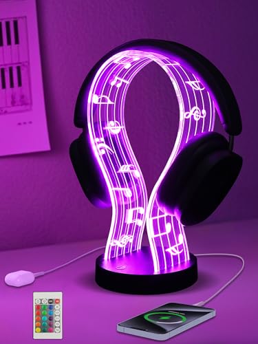 CoolGift Mart Light Up Headphone Stand with 16 Color Lights, Music Notes Pattern Acrylic Headset...