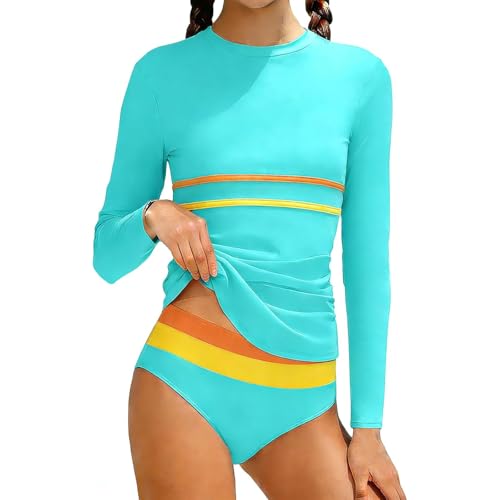 Traje de baño para niñas con protección contra erupciones, Manga Larga, Rayas de Colores, Top Ajustado con Braguita de Bikini, Tallas 7 y 16, de poliéster, UPF 50+ y Suave, Ideal para Piscina