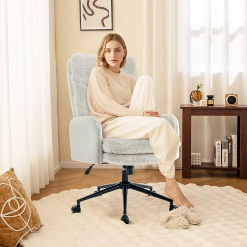 Image of IWMH High-Back Home Office Chair,Upholstered Desk Chair with Armrests,Height Adjustable Armchair with Wheels, Swivel Office Desk Chair, Ergonomic Computer Task Chair, Leisure Armchair Cashmere(White)