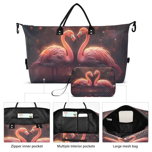 Large Travel Duffel Bag, Heart Flamingo Sports Tote Gym Bag, Shoulder Weekender Overnight Bag for Women Men, Carry On Luggage with Toiletry Bags2