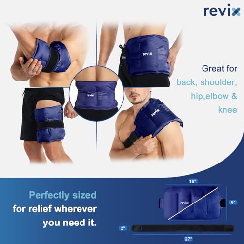 Image of REVIX Ice Pack for Injuries Reusable Gel for Lower Back & Shoulder, Navy | 16x9in Full Coverage for Lower Back, Shoulder, Hip & Knee, Cold Compress Therapy, Hands-free Strap, Long-lasting Gel