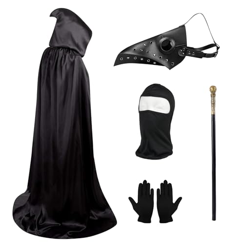 Masque de médecin de la peste Halloween avec cape à capuche et gants noirs Lifreer