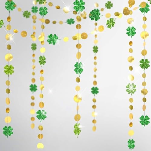 Cheerland St Patricks Day Decorations Green Shamrock Garland 4 Leaf Clover Glitter St Paddys Banner Hanging Streamers for Saint Patricks Day Lucky One Birthday Irish Party Supplies Spring Decor 52Ft