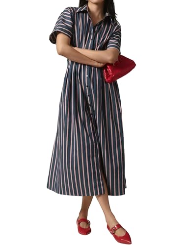 Image of Women Pleated Shirt Maxi Striped Button Down Dress Summer Lapel V Neck Short Sleeve Empire Waist Navy Long Dress