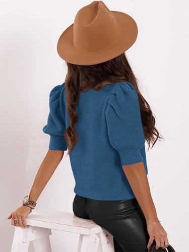 Image of Womens Puff Short Sleeve Sweater Tops Square Neck Casual Knit Pullover