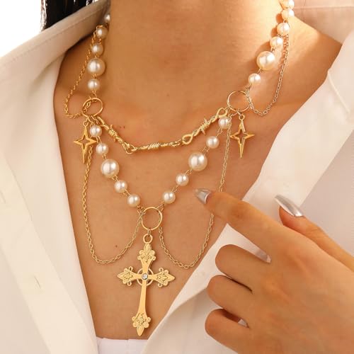Gothic Layered Pearl Big Cross Choker Necklaces for Women Gothic Cross Pearls Necklace Vintage Chunky Zirconia Tassels Necklaces Y2K Jewelry Goth Accessories2