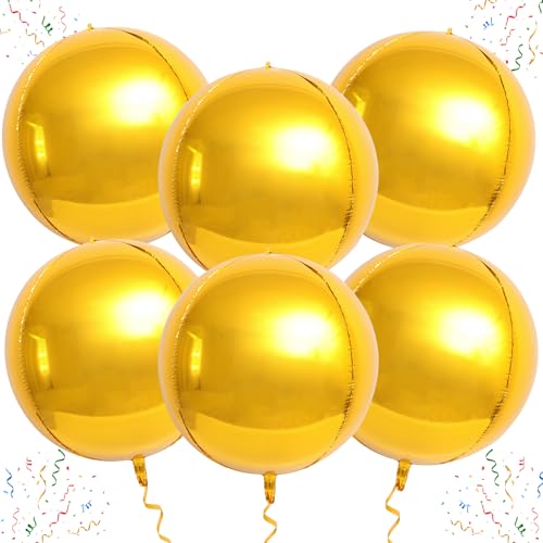 Image of Laacky's Large Foil Balloons, 360 4D Round Mylar Balloons, 22 Inch, 6 Pack for Gold Party Decorations, New Year 2025