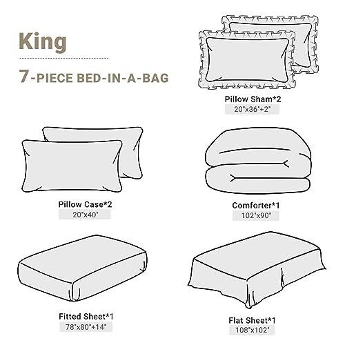 JOLLYVOGUE King Size Comforter Set 7 Pieces, Beige Bed in a Bag Comforter Set for Bedroom, Beddding Sets with Comforter, Sheets,Ruffled Shams & Pillowcases