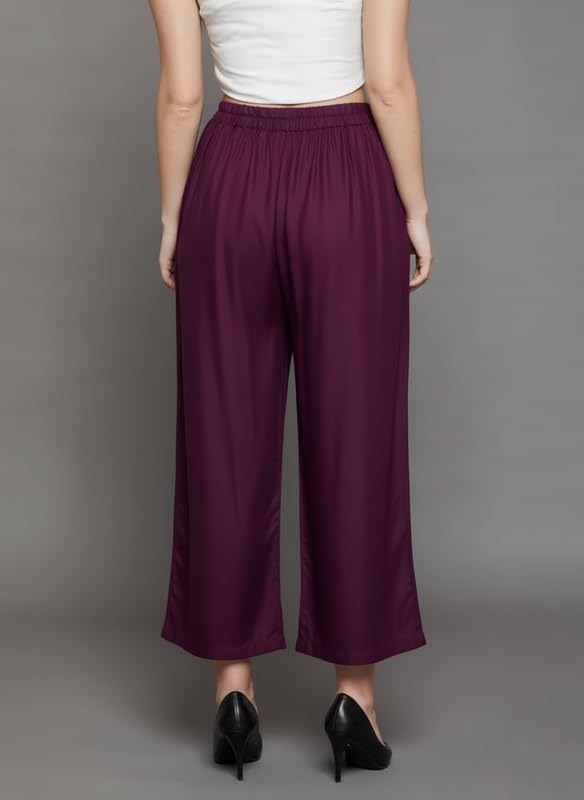 Image of Super Soft Viscose Rayon Flared Palazzo Pants for Women Stylish Wide Leg Straight Relaxed Fit Casual Ethnic Office Wear