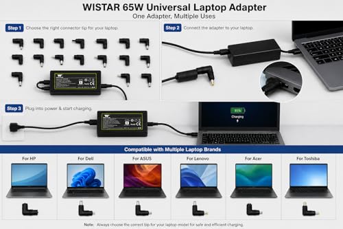 Image of WISTAR 65Watt Universal Laptop Adapter with 18 Interchangeable Connector pins Compatible for Toshiba /HP /ASUS /Lenovo /Samsung /Sony /DELL /ACER /for All Type C 65W Laptop