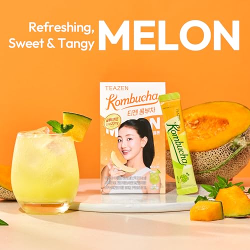 Image of TEAZEN Melon Flavored Kombucha Tea, Hydration Drink Mix, Sugar Free, Live Probiotics & Prebiotics, 10 Sticks, 1.76oz