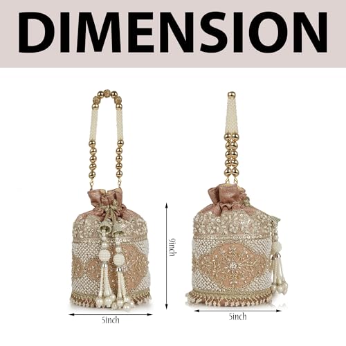 Image of Nevis Silk Fabric Luxury Pearl Embroidered Potli Bag for Women | Bridal Ethnic Drawstring Clutch with Beaded Handle Wedding | Potli Bag