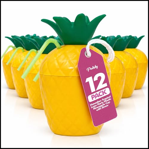 Podzly Hawaiian Tropical Luau Party Plastic Pineapple Cup with Straw 12 Pack – 12 oz Pineapple Cups with Lids & Straw for Kids & Adults – Tropical Drink Cups for Beach, Summer & Hawaii Theme Events