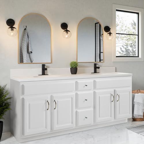 Image of Design House Cultured Marble Vanity Top, 73 in W x 22 in D, 2 Integrated 4 in Centerset Oval Sinks & Backsplash, Solid White, 597468