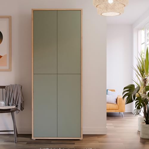 Forte Alice Springs Schuhschrank 70 80, moderner Flurschrank mit 4 Türen und 8 Einlegeböden, Holzwerkstoff, Salbei/Artisan Eiche Holzdekor, 74,5 cm breit x 191,9 cm hoch x 34,9 cm tief