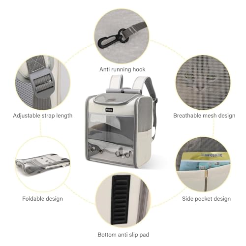 Image of Cat Backpack Carrier Expandable Pet Carrier Backpack for Small Medium Cats Fit Up to 18 Lbs, Foldable Puppy Backpack Carrier for Travel, Hiking (Light Grey, 11L x 16.5W x 13.4H)