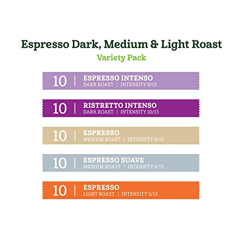 Image of Amazon Fresh Espresso Dark, Medium & Light Roast Aluminum Capsules, Variety Pack, Compatible with Nespresso Original Brewers, 50 Count (5 Packs of 10)