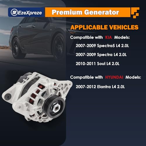 Image of Ezexpreze 11311 New Alternator Replacement for 2007-2012 Hyundai Elantra 2.0L, 2010 2011 Kia Soul 2.0L, 2007-2009 Spectra 2.0L L4, 2655635, 600162, 3730023650, AVA0102, 40046020, 40046031