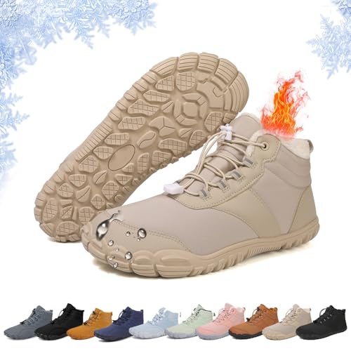 Hike Winter Barefoot Shoes Women Men Outdoor Wide Toe Box Minimalist Non-slip & Waterproof Five Finger Sneakers Slip On Warm Snow Boot Hiking Walking Barefoot Boots(Khaki,7-7.5 MEN/9-9.5 WOMEN)