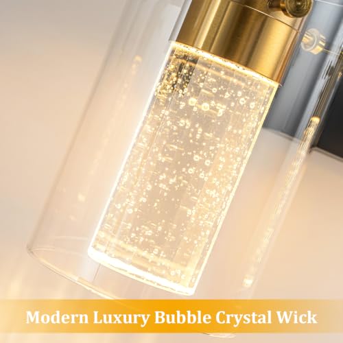 Image of 5-Light Black and Gold Vanity Light with 3 Color Modes (3000K /4000K /6000K), Eye Protection LED Bathroom Light Fixture, Dimmable Modern Wall Light Over Mirror with Clear Glass Shade