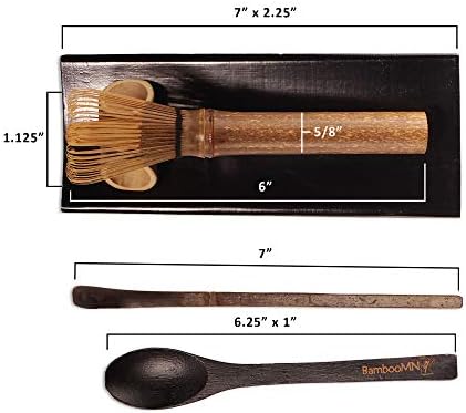 BambooMN Matcha Whisk Set - Skinny Black Chasen (Tea Whisk), Black Tray, Black Chashaku (Hooked Bamboo Scoop), Black Tea Spoon - 1 Set