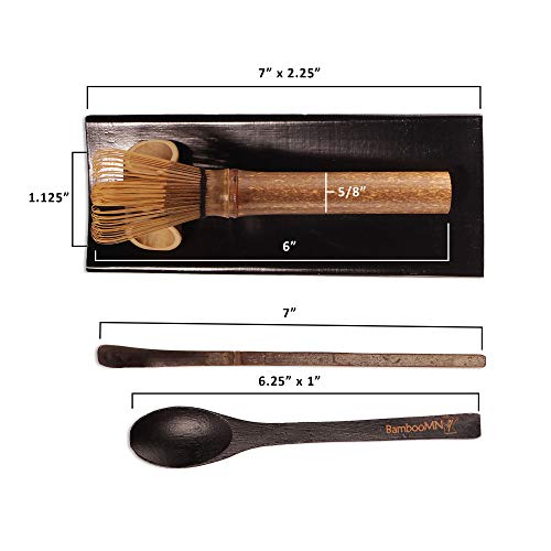 Bamboomn Matcha Whisk Set - Skinny Black Chasen (Tea Whisk), Black Tray, Black Chashaku (Hooked Bamboo Scoop), Black Tea Spoon - 1 Set #TOP2