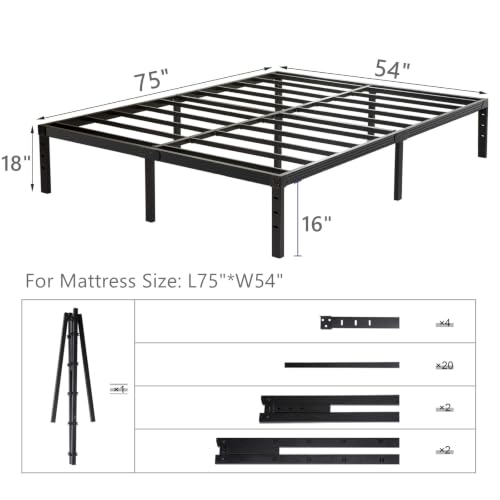 Image of Wulanos Full Size Bed Frame 18 inch Tall, 3500lbs Heavy Duty Metal Platform with Steel Slats Support, No Box Spring Needed, 18-inch Bedframe with Ample Storage, Sturdy and Noise-Free, Black