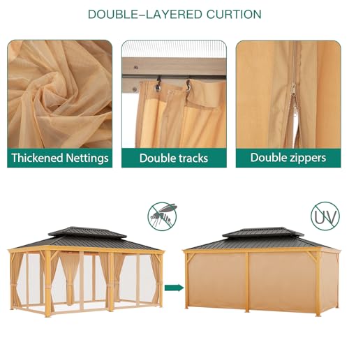 12x20ft Double Roof Hardtop Gazebo, Heavy Duty Galvanised Steel Hardtop Pavilion with Netting and Curtains, Faux Wood Grain Metal Gazebo for Patio, Terrace, Lawn and Deck, Wood Grain