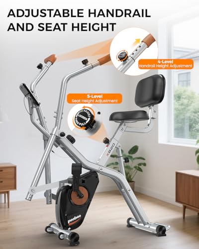 Image of pooboo Folding Exercise Bike, Foldable Upright Stationary Bike, Indoor Cycling Magnetic X-Bike with 8-Level Adjustable Resistance, 6.6 LBS Flywheel, 300LB Capacity, Back Support Cushion for Home Gym
