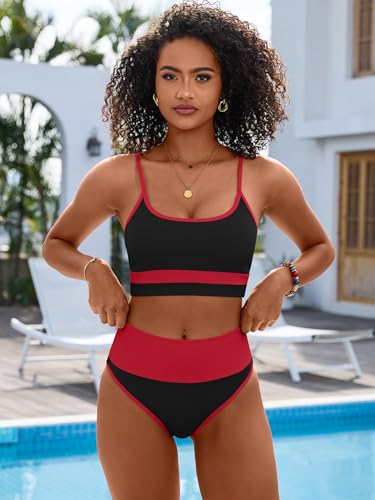 Image of ANRABESS Women's High Waisted Bikini Sets,Color Block 2 Piece Swimsuits,Tummy Control Bathing Suits,Thick Ribbed Beach Wear