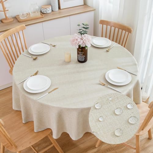 SPRICA Round Tablecloth 160cm Diameter Water Resistance Linen Texture Spill Proof Table Cover Solid Colour Circle Cover Linen Colour